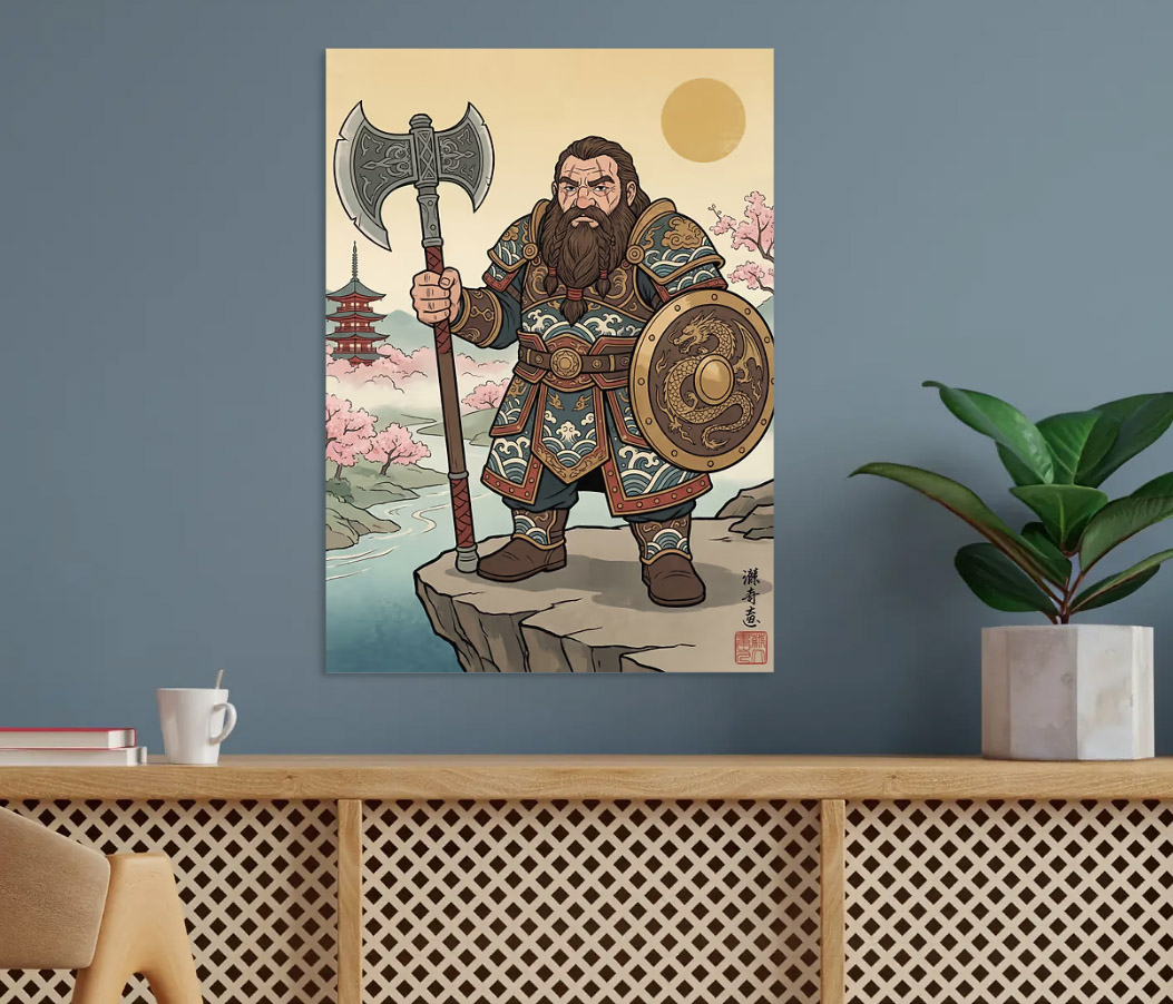 Dwarf Warrior in Japanese Landscape — metal poster wall art by Lineer